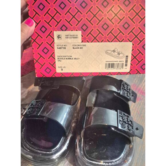 TORY BURCH $228 BLACK BUCKLE JELLY SLIDE SANDAL Shoes Sz 9 Summer Beach pool - Picture 6 of 16